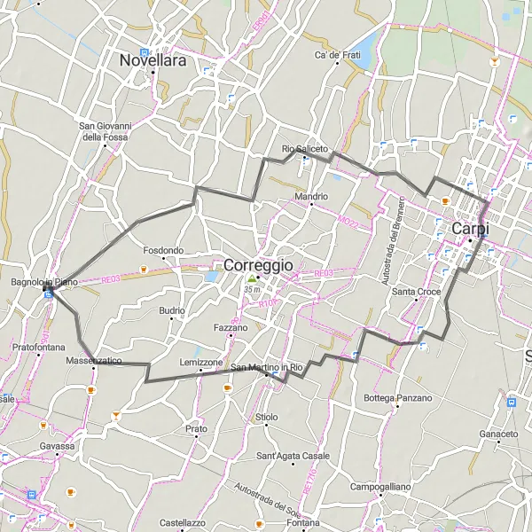 Miniatuurkaart van de fietsinspiratie "Wegroute naar Rio Saliceto en Massenzatico" in Emilia-Romagna, Italy. Gemaakt door de Tarmacs.app fietsrouteplanner