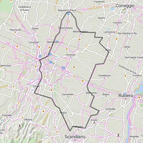 Zemljevid v pomanjšavi "Road: Bagnolo in Piano - Massenzatico round-trip" kolesarske inspiracije v Emilia-Romagna, Italy. Generirano z načrtovalcem kolesarskih poti Tarmacs.app