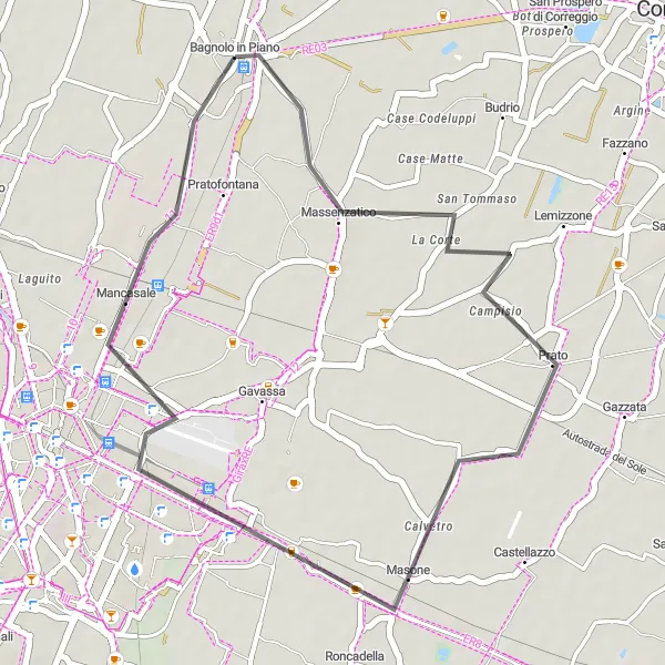 Zemljevid v pomanjšavi "Sproščujoča vožnja po okolici Bagnola v Pianu" kolesarske inspiracije v Emilia-Romagna, Italy. Generirano z načrtovalcem kolesarskih poti Tarmacs.app