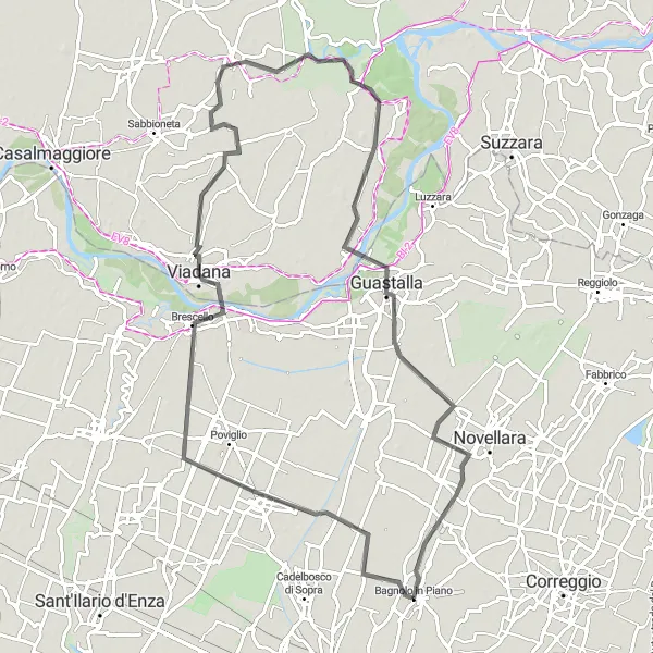 Zemljevid v pomanjšavi "Road: Bagnolo in Piano - Cadelbosco di Sotto round-trip" kolesarske inspiracije v Emilia-Romagna, Italy. Generirano z načrtovalcem kolesarskih poti Tarmacs.app