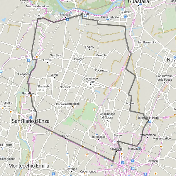 Miniatura della mappa di ispirazione al ciclismo "Giro in bicicletta da Bagnolo in Piano ad Argine" nella regione di Emilia-Romagna, Italy. Generata da Tarmacs.app, pianificatore di rotte ciclistiche