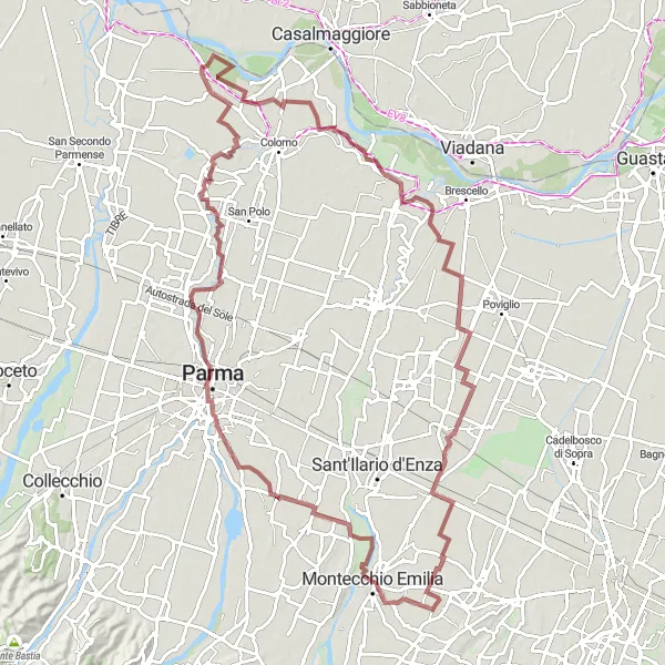 Miniaturní mapa "Gravel Route Montecchio Emilia - Barco" inspirace pro cyklisty v oblasti Emilia-Romagna, Italy. Vytvořeno pomocí plánovače tras Tarmacs.app