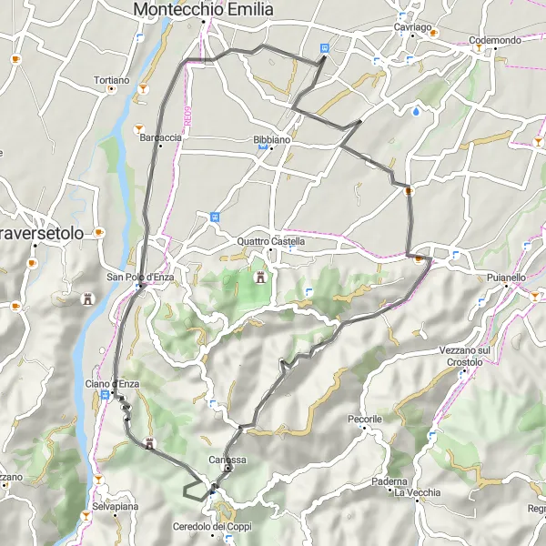 Miniatuurkaart van de fietsinspiratie "Fietsen rond Montecavolo en Canossa" in Emilia-Romagna, Italy. Gemaakt door de Tarmacs.app fietsrouteplanner