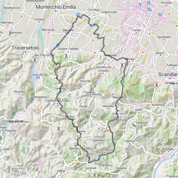 Map miniature of "The Barco-Canossa Loop" cycling inspiration in Emilia-Romagna, Italy. Generated by Tarmacs.app cycling route planner