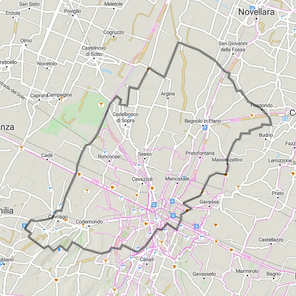 Miniatua del mapa de inspiración ciclista "Ruta de ciclismo de carretera desde Barco" en Emilia-Romagna, Italy. Generado por Tarmacs.app planificador de rutas ciclistas