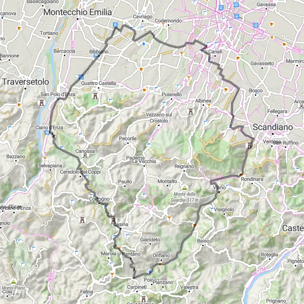 Miniaturní mapa "Významná cyklistická trasa kolem Barca" inspirace pro cyklisty v oblasti Emilia-Romagna, Italy. Vytvořeno pomocí plánovače tras Tarmacs.app