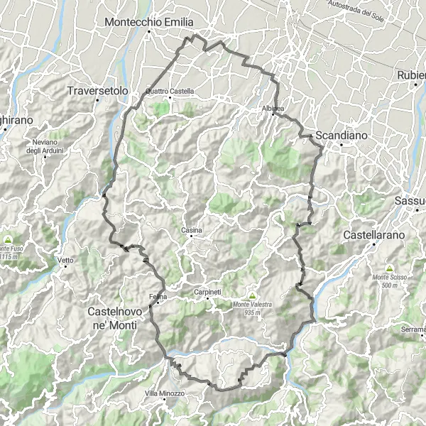 Mapa miniatúra "Náročný okruh cez Rivalta, Borzano, Castello di Viano, Monte della Castagna a Belvedere" cyklistická inšpirácia v Emilia-Romagna, Italy. Vygenerované cyklistickým plánovačom trás Tarmacs.app