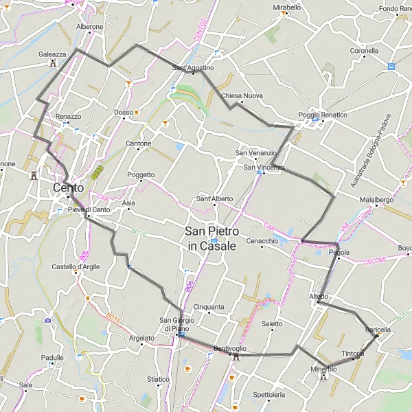 Miniaturní mapa "Rozhodující kolo Bentivoglio - Cento - Sant'Agostino - Piave - Altedo" inspirace pro cyklisty v oblasti Emilia-Romagna, Italy. Vytvořeno pomocí plánovače tras Tarmacs.app