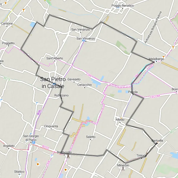 Miniature de la carte de l'inspiration cycliste "Parcours à travers les collines jusqu'à Altedo" dans la Emilia-Romagna, Italy. Générée par le planificateur d'itinéraire cycliste Tarmacs.app