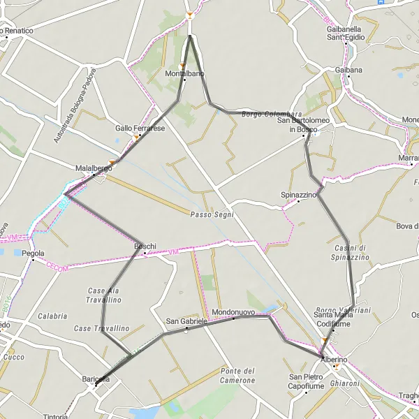 Map miniature of "Baricella to Spinazzino Scenic Route" cycling inspiration in Emilia-Romagna, Italy. Generated by Tarmacs.app cycling route planner