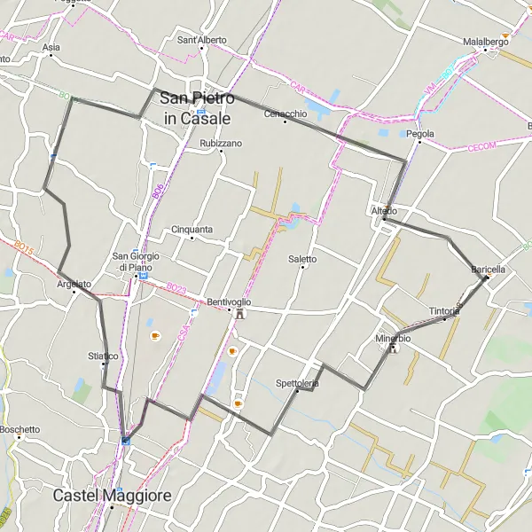 Miniature de la carte de l'inspiration cycliste "Circuit de Baricella à Altedo" dans la Emilia-Romagna, Italy. Générée par le planificateur d'itinéraire cycliste Tarmacs.app