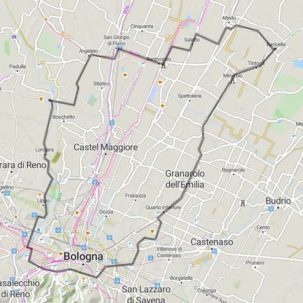 Zemljevid v pomanjšavi "Kolesarjenje po podeželju Bologne" kolesarske inspiracije v Emilia-Romagna, Italy. Generirano z načrtovalcem kolesarskih poti Tarmacs.app
