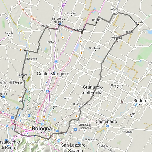 Miniatuurkaart van de fietsinspiratie "Verkenningstocht door Bologna en Altedo" in Emilia-Romagna, Italy. Gemaakt door de Tarmacs.app fietsrouteplanner