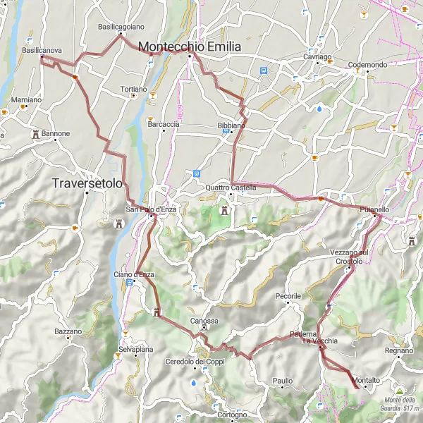 Miniaturní mapa "Gravelový okruh k Monte Vecchio" inspirace pro cyklisty v oblasti Emilia-Romagna, Italy. Vytvořeno pomocí plánovače tras Tarmacs.app