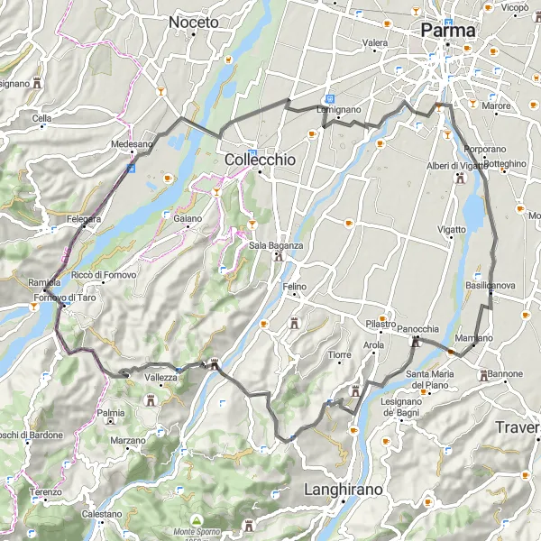 Mapa miniatúra "Zaujímavá cesta cez Felegara a Mariano" cyklistická inšpirácia v Emilia-Romagna, Italy. Vygenerované cyklistickým plánovačom trás Tarmacs.app