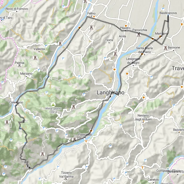 Miniatua del mapa de inspiración ciclista "Ruta Escénica en Carretera desde Basilicanova a Castelletto neogotico" en Emilia-Romagna, Italy. Generado por Tarmacs.app planificador de rutas ciclistas