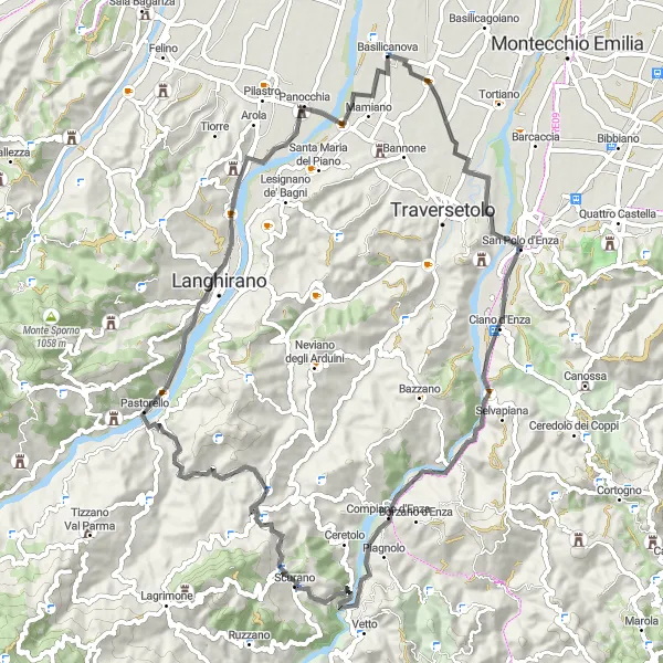 Miniatua del mapa de inspiración ciclista "Ruta de Ciclismo en Carretera de Basilicanova a Torrechiara" en Emilia-Romagna, Italy. Generado por Tarmacs.app planificador de rutas ciclistas