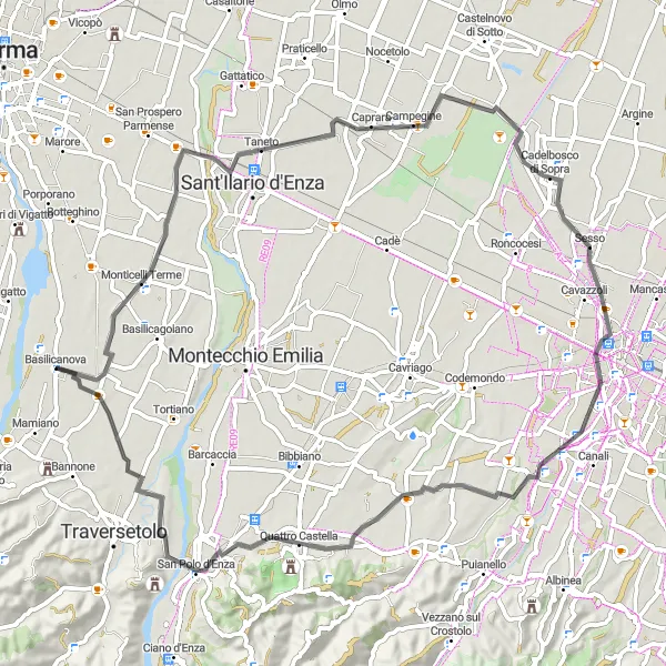 Miniatura della mappa di ispirazione al ciclismo "Basilicanova - Piazza Loop" nella regione di Emilia-Romagna, Italy. Generata da Tarmacs.app, pianificatore di rotte ciclistiche