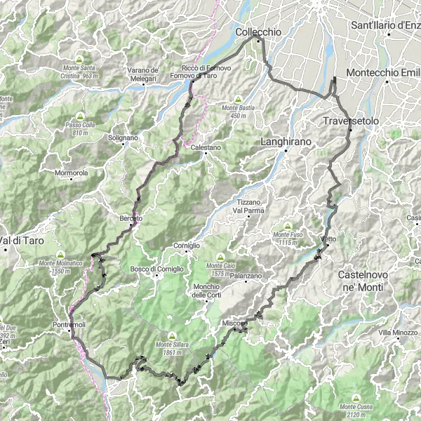 Zemljevid v pomanjšavi "Velika kolesarska dogodivščina v Emilia-Romagni" kolesarske inspiracije v Emilia-Romagna, Italy. Generirano z načrtovalcem kolesarskih poti Tarmacs.app