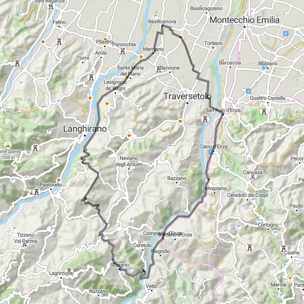 Map miniature of "The Challenging Climbs" cycling inspiration in Emilia-Romagna, Italy. Generated by Tarmacs.app cycling route planner