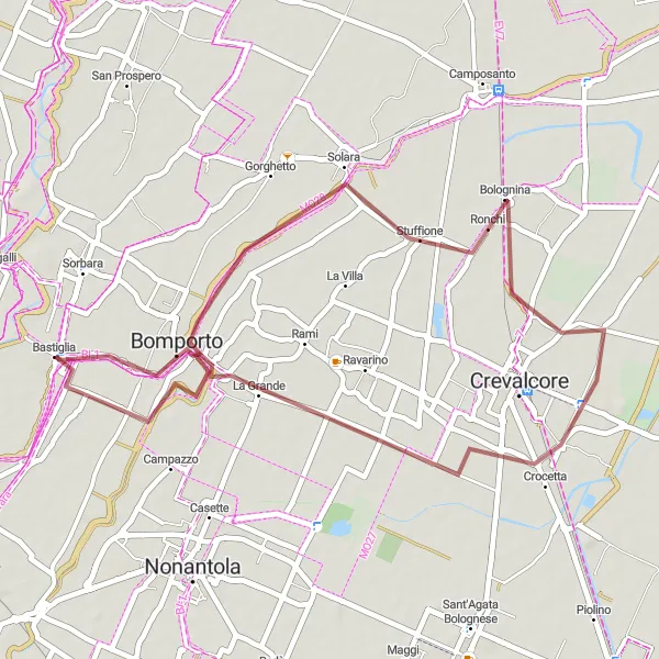 Miniatura della mappa di ispirazione al ciclismo "Giro Gravel da Bomporto a Bastiglia" nella regione di Emilia-Romagna, Italy. Generata da Tarmacs.app, pianificatore di rotte ciclistiche