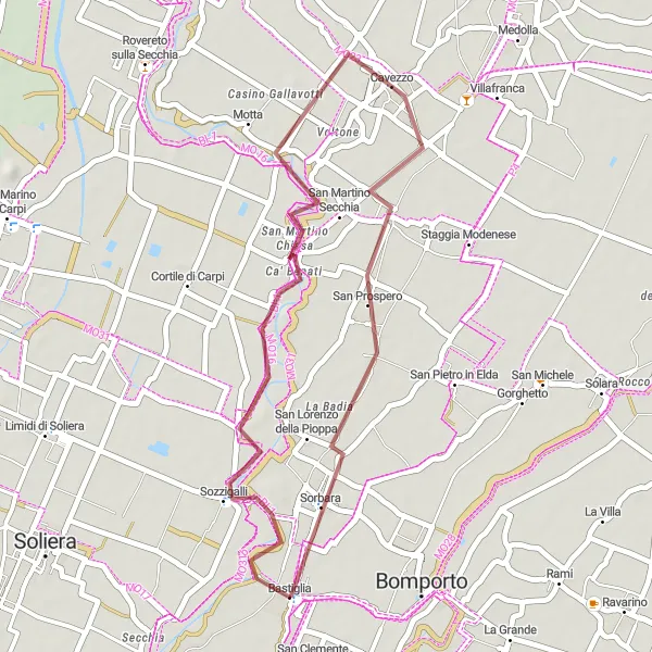 Zemljevid v pomanjšavi "Ponte San Martino in Cavezzo" kolesarske inspiracije v Emilia-Romagna, Italy. Generirano z načrtovalcem kolesarskih poti Tarmacs.app