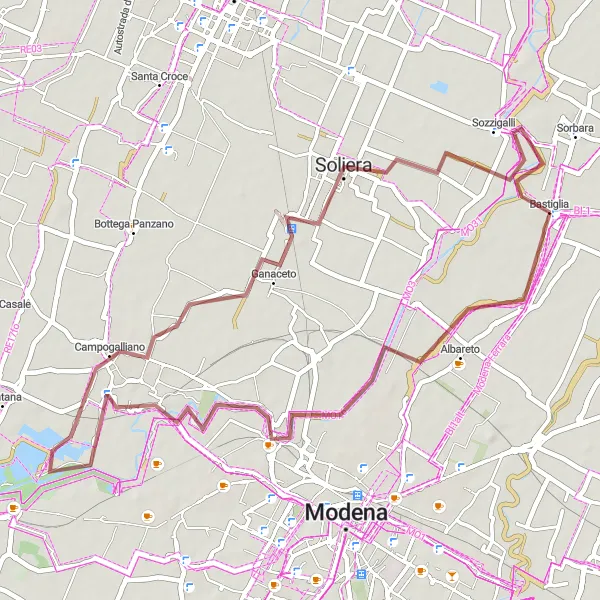 Miniatua del mapa de inspiración ciclista "Ruta de ciclismo de grava desde Bastiglia" en Emilia-Romagna, Italy. Generado por Tarmacs.app planificador de rutas ciclistas