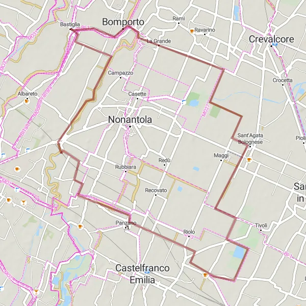 Mapa miniatúra "Gravel trasa cez Panzano" cyklistická inšpirácia v Emilia-Romagna, Italy. Vygenerované cyklistickým plánovačom trás Tarmacs.app