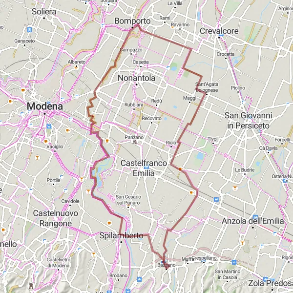 Kartminiatyr av "Gruskjøring gjennom Emilia-Romagnas landsbygda" sykkelinspirasjon i Emilia-Romagna, Italy. Generert av Tarmacs.app sykkelrutoplanlegger