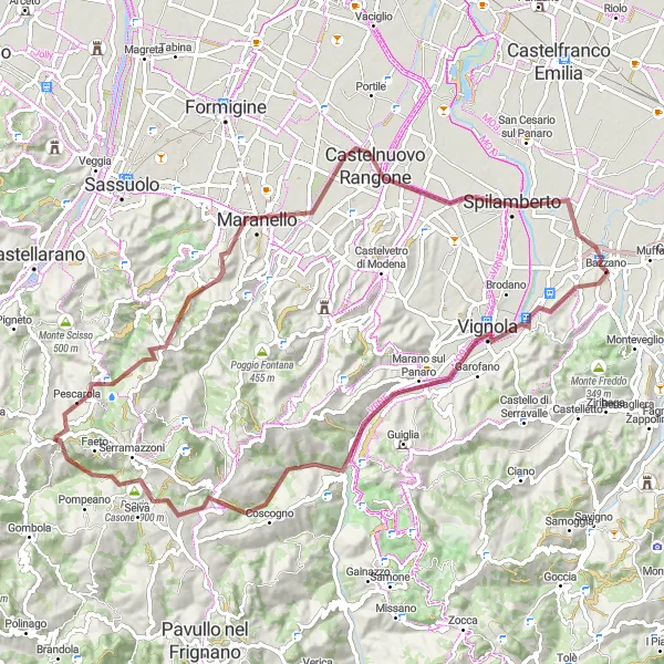 Miniature de la carte de l'inspiration cycliste "Le circuit de gravier de Marano à Spilamberto" dans la Emilia-Romagna, Italy. Générée par le planificateur d'itinéraire cycliste Tarmacs.app