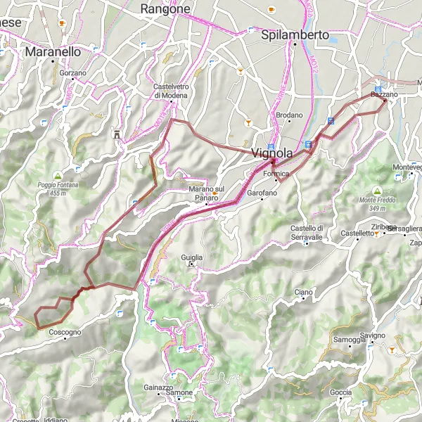 Miniatua del mapa de inspiración ciclista "Ruta Gravel a través de Vignola y Marano sul Panaro" en Emilia-Romagna, Italy. Generado por Tarmacs.app planificador de rutas ciclistas