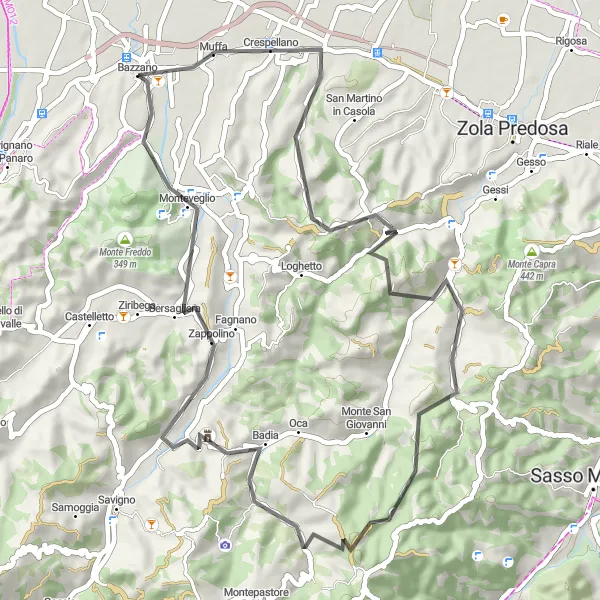Map miniature of "Bazzano to Crespellano Loop" cycling inspiration in Emilia-Romagna, Italy. Generated by Tarmacs.app cycling route planner