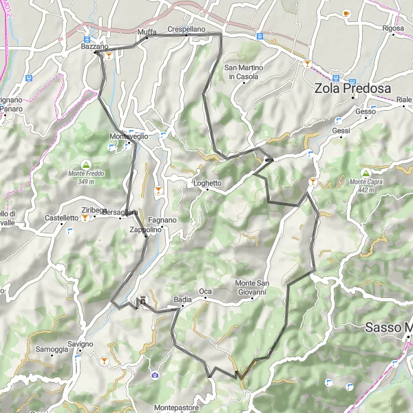 Zemljevid v pomanjšavi "Kolesarska pot Crespellano - Monte Avezzano - Calderino - Monte Bonsara - Punto panoramico - Monteveglio" kolesarske inspiracije v Emilia-Romagna, Italy. Generirano z načrtovalcem kolesarskih poti Tarmacs.app