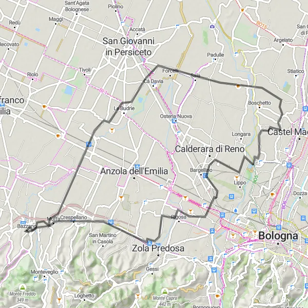 Map miniature of "Bazzano to Calderara di Reno Loop" cycling inspiration in Emilia-Romagna, Italy. Generated by Tarmacs.app cycling route planner