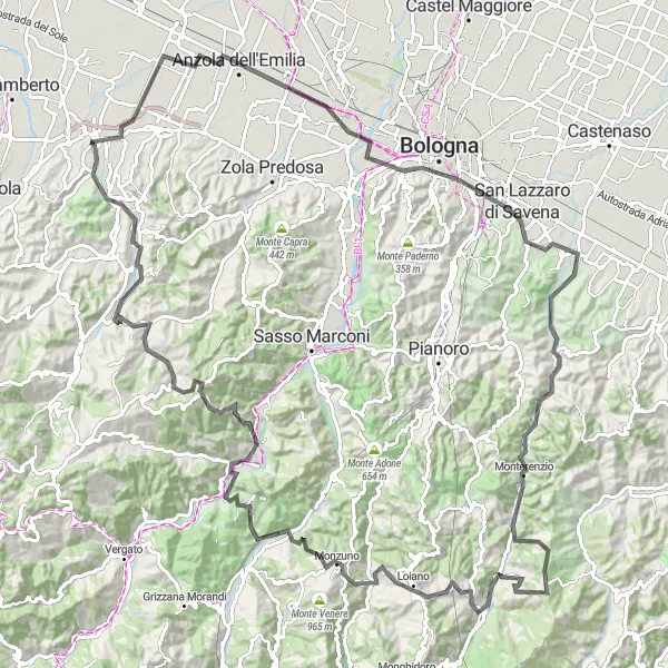 Karttaminiaatyyri "Maantie reitti Bolognaan ja Monte Orzaleen" pyöräilyinspiraatiosta alueella Emilia-Romagna, Italy. Luotu Tarmacs.app pyöräilyreittisuunnittelijalla