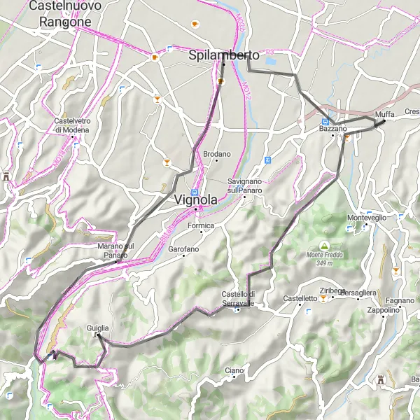Miniatua del mapa de inspiración ciclista "Ruta en carretera a través de Montebudello y Marano sul Panaro" en Emilia-Romagna, Italy. Generado por Tarmacs.app planificador de rutas ciclistas