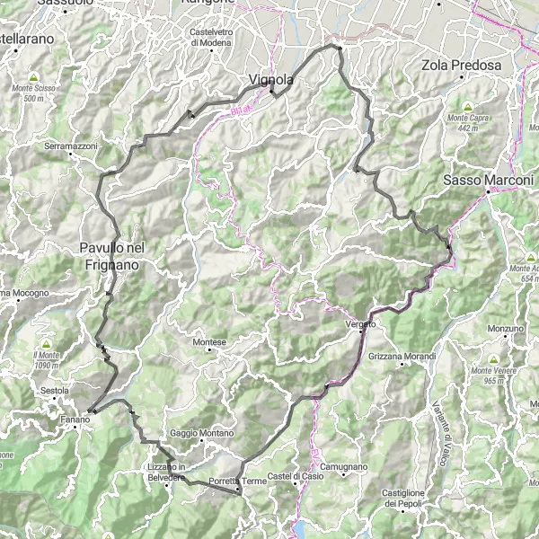 Map miniature of "Mountain Challenge: Bologna to Porretta Terme" cycling inspiration in Emilia-Romagna, Italy. Generated by Tarmacs.app cycling route planner