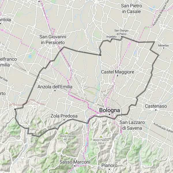 Zemljevid v pomanjšavi "Kolesarjenje zgodovine in kulture" kolesarske inspiracije v Emilia-Romagna, Italy. Generirano z načrtovalcem kolesarskih poti Tarmacs.app