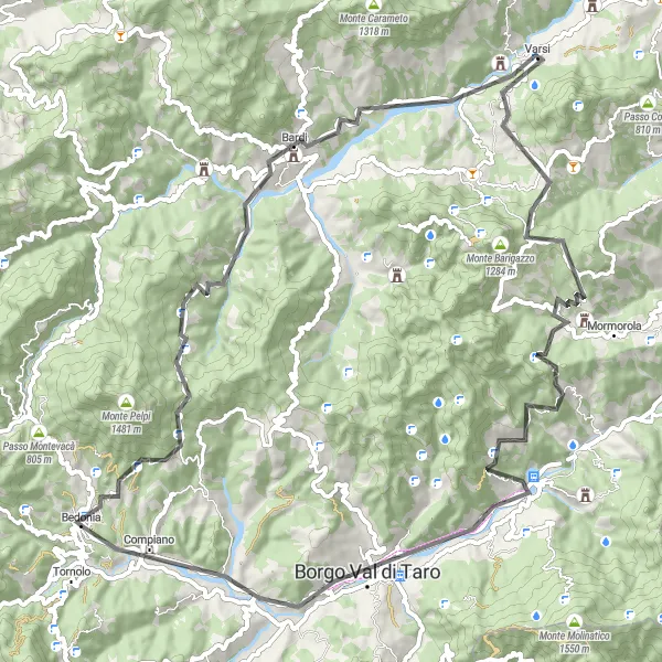 Miniaturní mapa "Cyklistická trasa kolem Bedonie" inspirace pro cyklisty v oblasti Emilia-Romagna, Italy. Vytvořeno pomocí plánovače tras Tarmacs.app