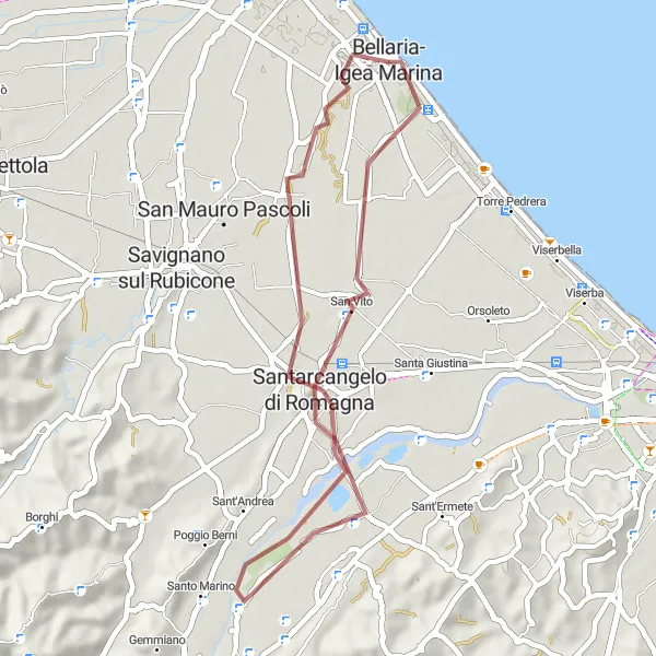 Zemljevid v pomanjšavi "Pustolovščina po makadamskih poteh" kolesarske inspiracije v Emilia-Romagna, Italy. Generirano z načrtovalcem kolesarskih poti Tarmacs.app