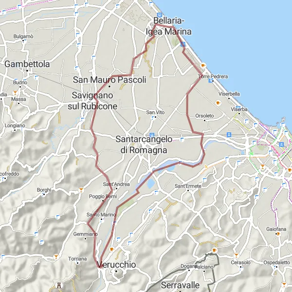 Miniatura della mappa di ispirazione al ciclismo "Gravel tra colline e mare" nella regione di Emilia-Romagna, Italy. Generata da Tarmacs.app, pianificatore di rotte ciclistiche