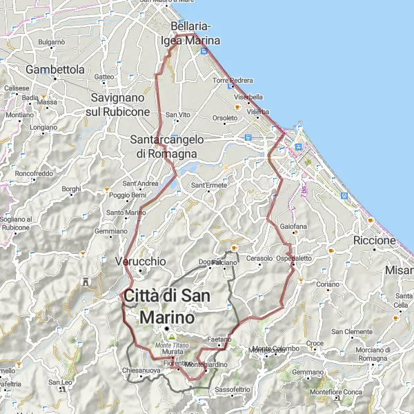 Miniatua del mapa de inspiración ciclista "Ruta de Grava Viserbella - Gualdicciolo" en Emilia-Romagna, Italy. Generado por Tarmacs.app planificador de rutas ciclistas