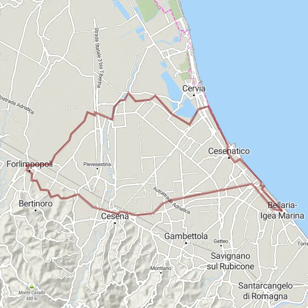 Map miniature of "Gravel Route: Sala di Cesenatico to Cesenatico" cycling inspiration in Emilia-Romagna, Italy. Generated by Tarmacs.app cycling route planner