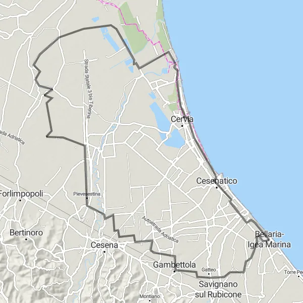 Zemljevid v pomanjšavi "Dolga cestna pot z razgibanim terenom" kolesarske inspiracije v Emilia-Romagna, Italy. Generirano z načrtovalcem kolesarskih poti Tarmacs.app