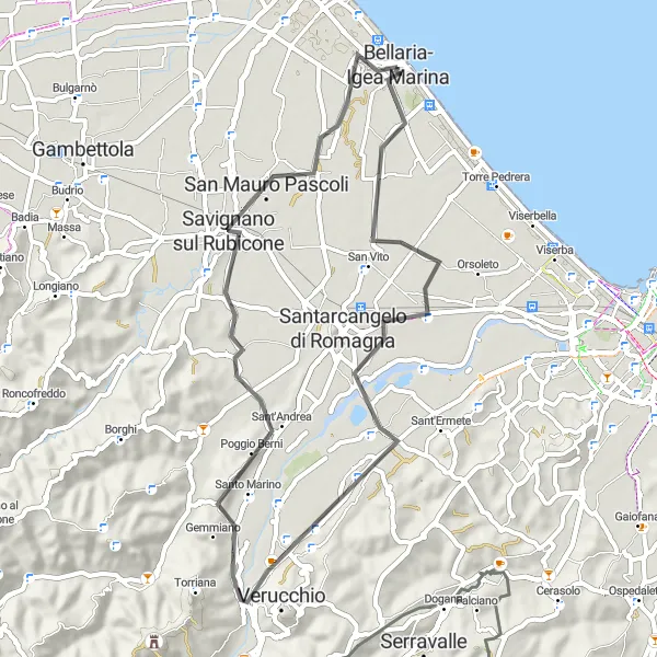 Miniature de la carte de l'inspiration cycliste "Parcours pittoresque de Santa Giustina à Verucchio" dans la Emilia-Romagna, Italy. Générée par le planificateur d'itinéraire cycliste Tarmacs.app