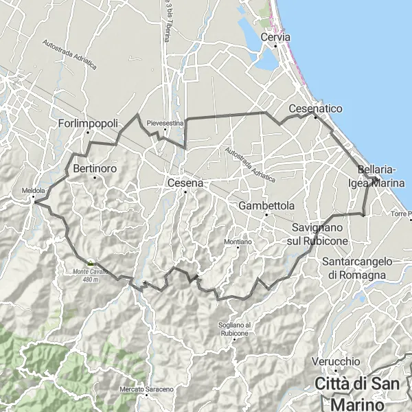 Miniatura della mappa di ispirazione al ciclismo "Rotta ciclabile tra Bellaria-Igea Marina e Savignano sul Rubicone" nella regione di Emilia-Romagna, Italy. Generata da Tarmacs.app, pianificatore di rotte ciclistiche