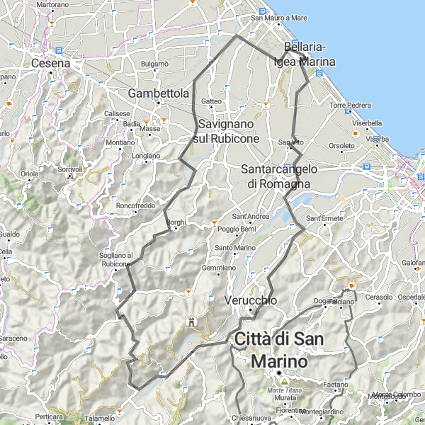 Miniaturní mapa "Trasa kolem Bellaria-Igea Marina s vrcholy: Corpolò, Monte Ceti, Borghi a Torre Saracena" inspirace pro cyklisty v oblasti Emilia-Romagna, Italy. Vytvořeno pomocí plánovače tras Tarmacs.app