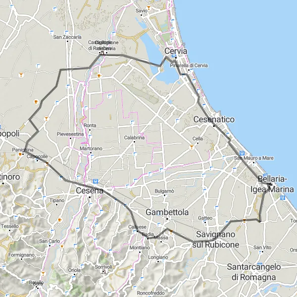 Map miniature of "Road Route: Savignano sul Rubicone to Cesenatico" cycling inspiration in Emilia-Romagna, Italy. Generated by Tarmacs.app cycling route planner