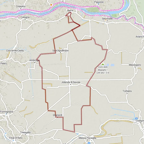 Mapa miniatúra "Gravelová cyklotrasa cez Corte delle Magoghe a Gherardi" cyklistická inšpirácia v Emilia-Romagna, Italy. Vygenerované cyklistickým plánovačom trás Tarmacs.app