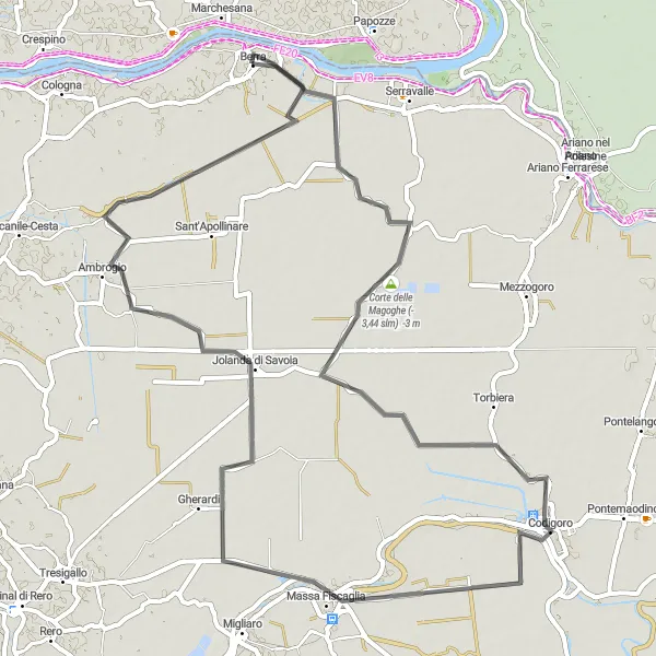 Miniaturní mapa "Kolem Codigoro" inspirace pro cyklisty v oblasti Emilia-Romagna, Italy. Vytvořeno pomocí plánovače tras Tarmacs.app